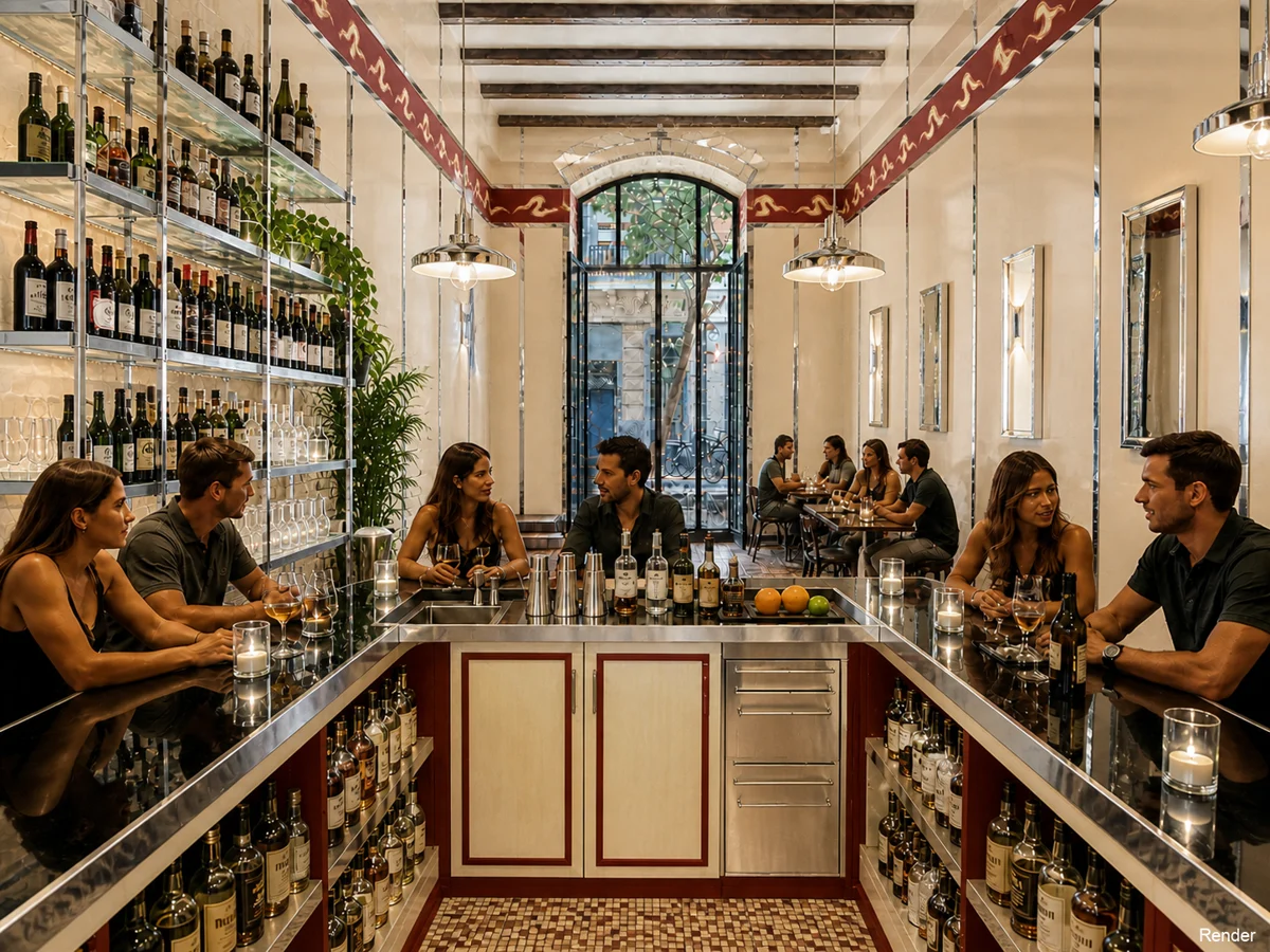 Bar visto desde la entrada — SALVA 34, Barcelona. Propuesta de diseño.